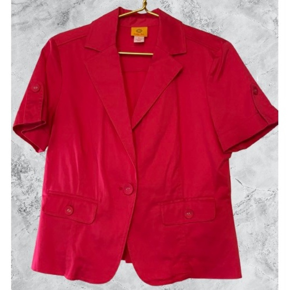 Ruby Rd Womens Red Short Sleeve Peplum Blazer Jacket Size 12 Cotton Stretch
